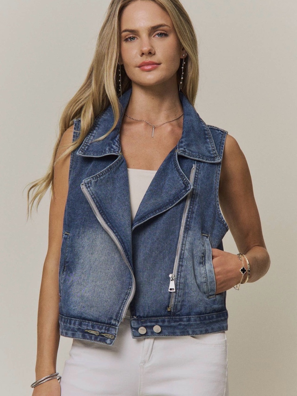 Zip denim jean lace crochet embroidered trim patchwork vest jacket top